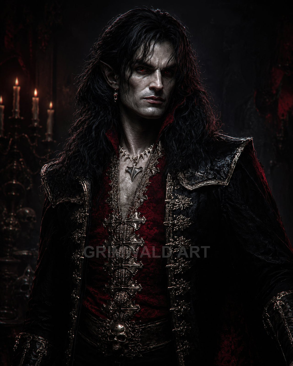 A pale, red-eyed vampire noble in ornate black and crimson coat, candlelit interior background with skull motifs, gothic jewellery and sharp features.