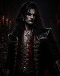 GRID THUMBNAIL — A pale, red-eyed vampire noble in ornate black and crimson coat, candlelit interior background with skull motifs, gothic jewellery and sharp features.