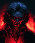 GRID THUMBNAIL — Brooding male vampire with pointed ears and fangs, lit by blazing red flames, staring forward menacingly against a dark, smoky background.
