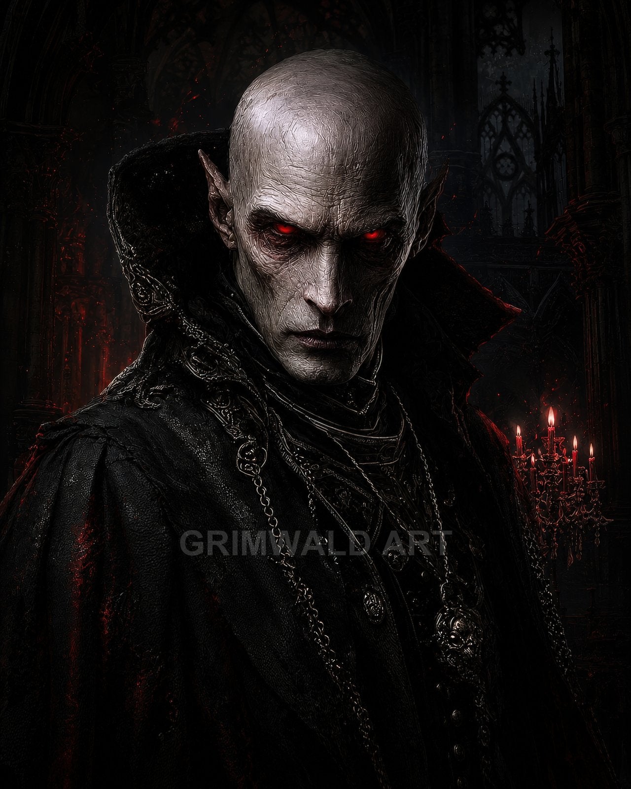 Bald, red-eyed vampire in ornate black cloak stands in a dark gothic cathedral interior, lit by candles and embers, staring menacingly.