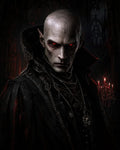 GRID THUMBNAIL — Bald, red-eyed vampire in ornate black cloak stands in a dark gothic cathedral interior, lit by candles and embers, staring menacingly.
