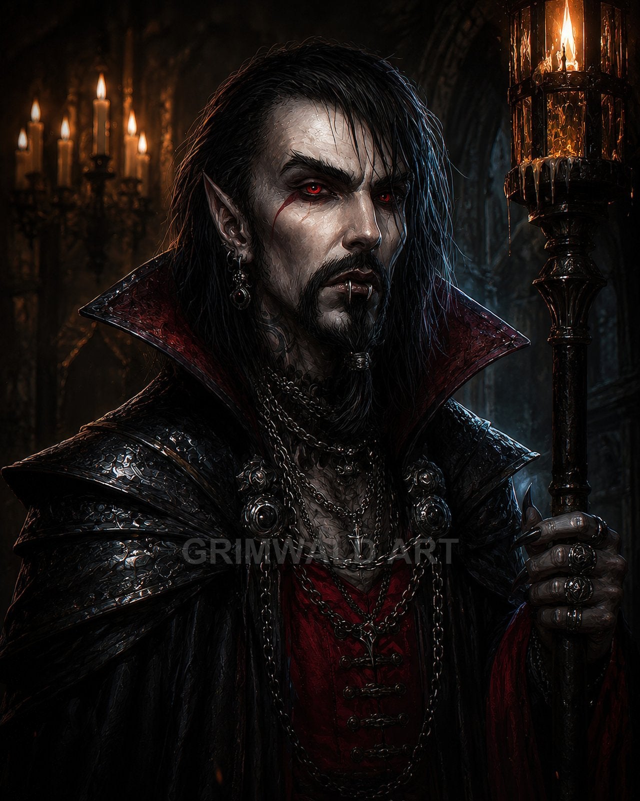 Gothic portrait of a male vampire with red eyes and fangs, gripping a firelit staff inside a shadowy castle hall with dripping candles.