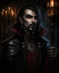 GRID THUMBNAIL — Gothic portrait of a male vampire with red eyes and fangs, gripping a firelit staff inside a shadowy castle hall with dripping candles.
