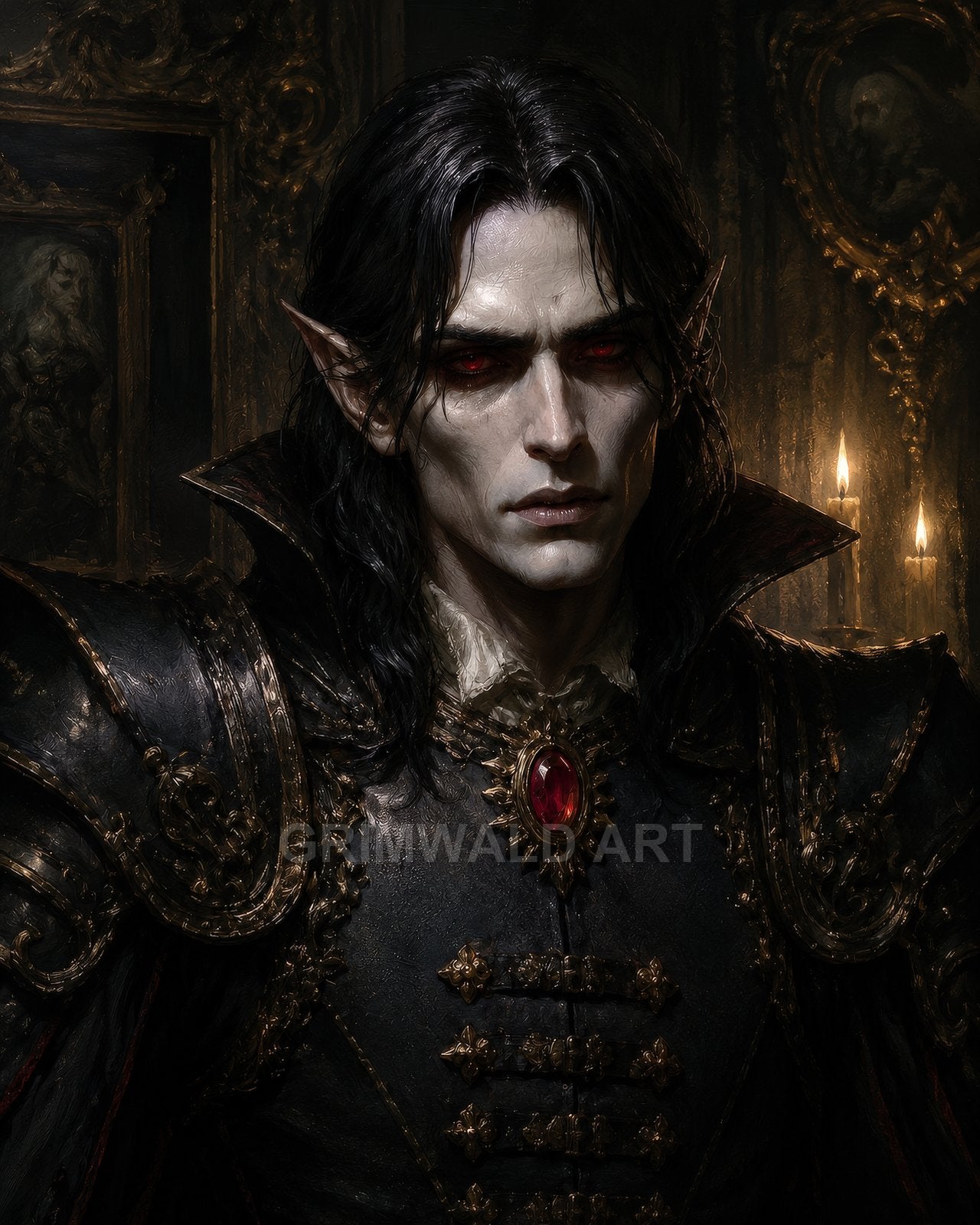 Pale male vampire in ornate black and gold armour with ruby pendant, red eyes glowing in a candlelit gothic castle interior.