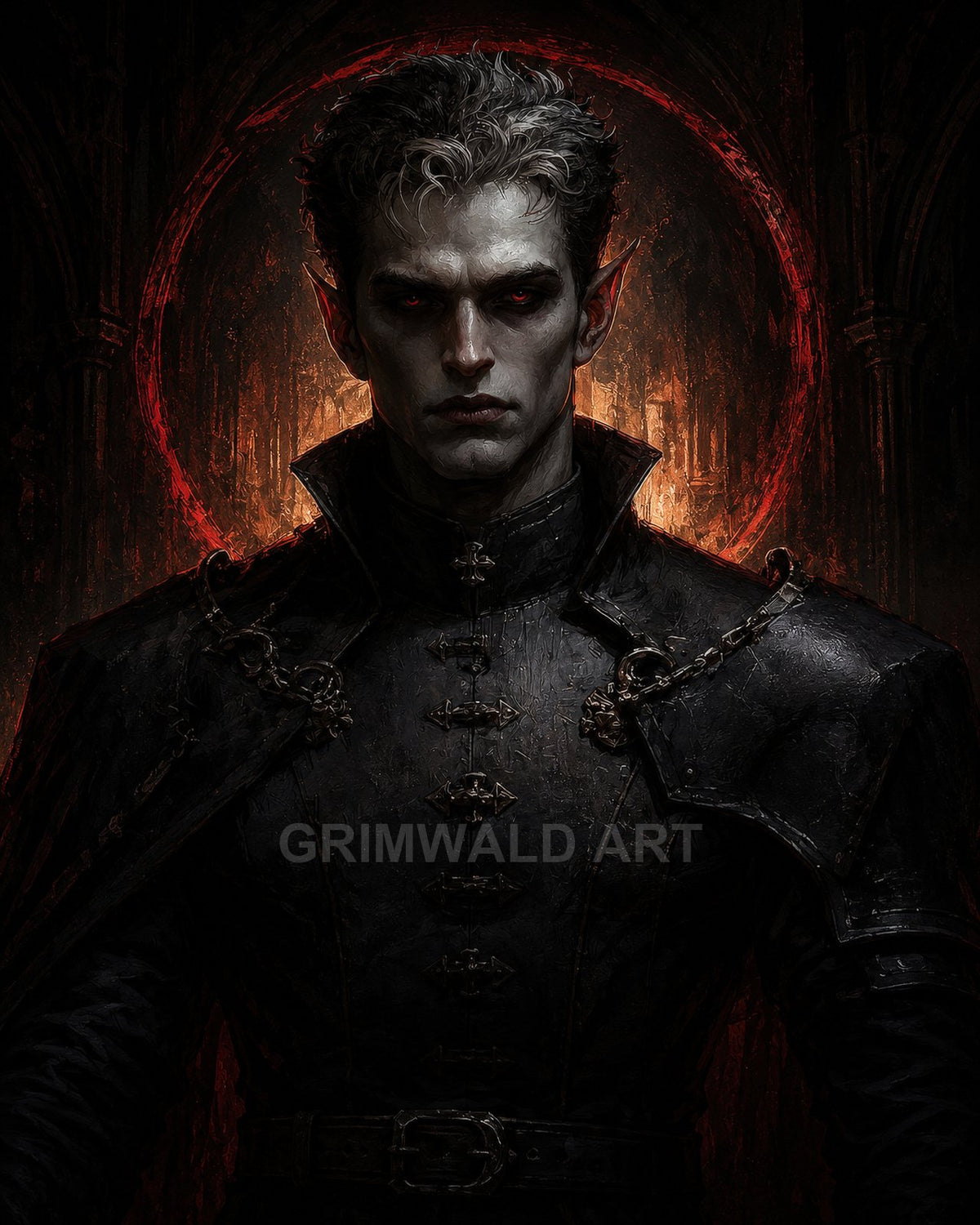 Portrait of a pale, red-eyed vampire in black high-collared armour, framed by a fiery red halo within a shadowed gothic cathedral interior.