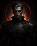 GRID THUMBNAIL — Portrait of a pale, red-eyed vampire in black high-collared armour, framed by a fiery red halo within a shadowed gothic cathedral interior.