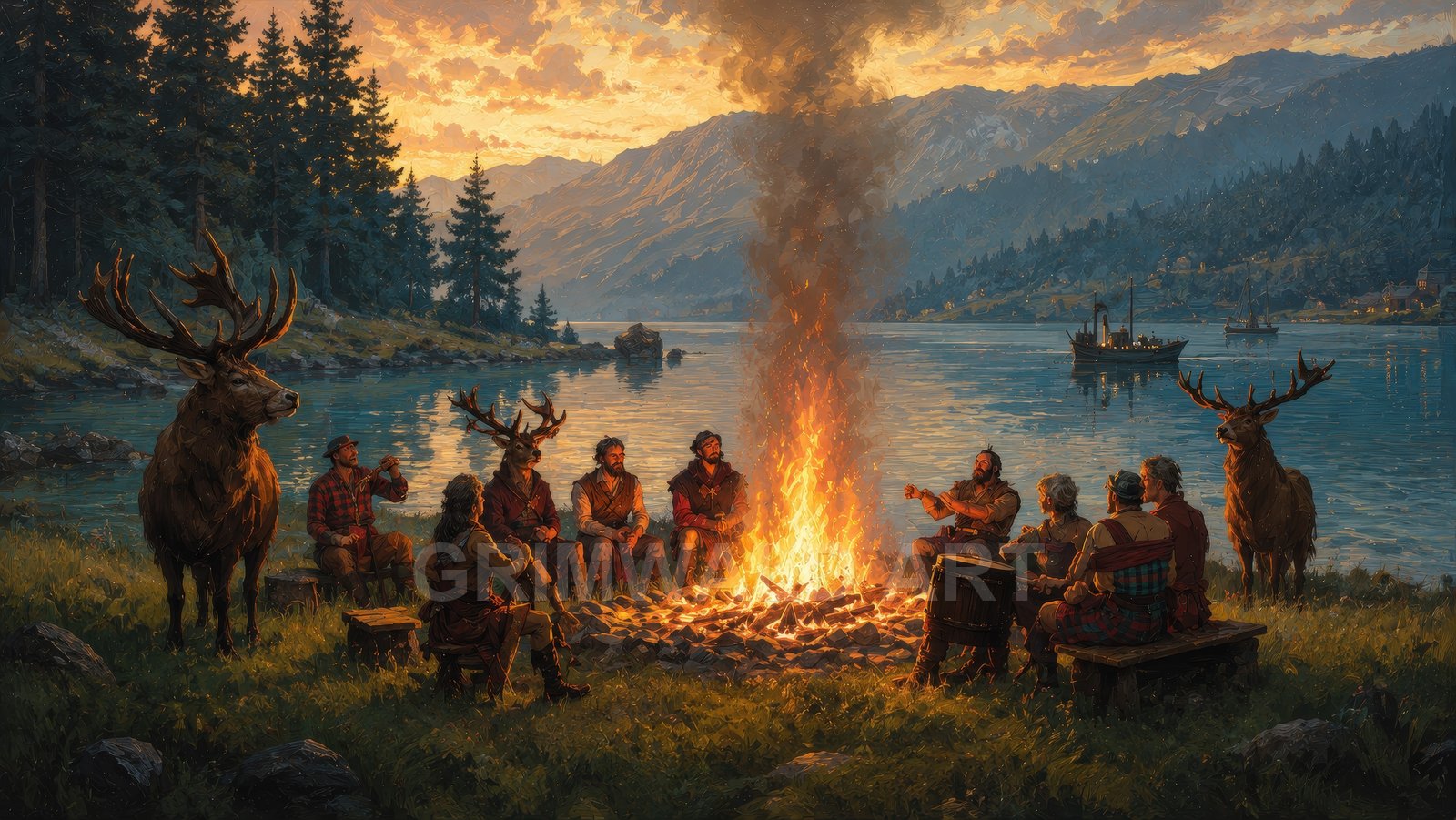 A circle of travellers shares stories around a blazing campfire beside a mountain lake at sunset, flanked by calm deer and distant boats.