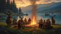 GRID THUMBNAIL — A circle of travellers shares stories around a blazing campfire beside a mountain lake at sunset, flanked by calm deer and distant boats.