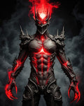 GRID THUMBNAIL — Armoured demon with a flaming crown and glowing red fissures stands amid swirling smoke, barbed clawed gauntlets and blazing eyes illuminating the darkness.