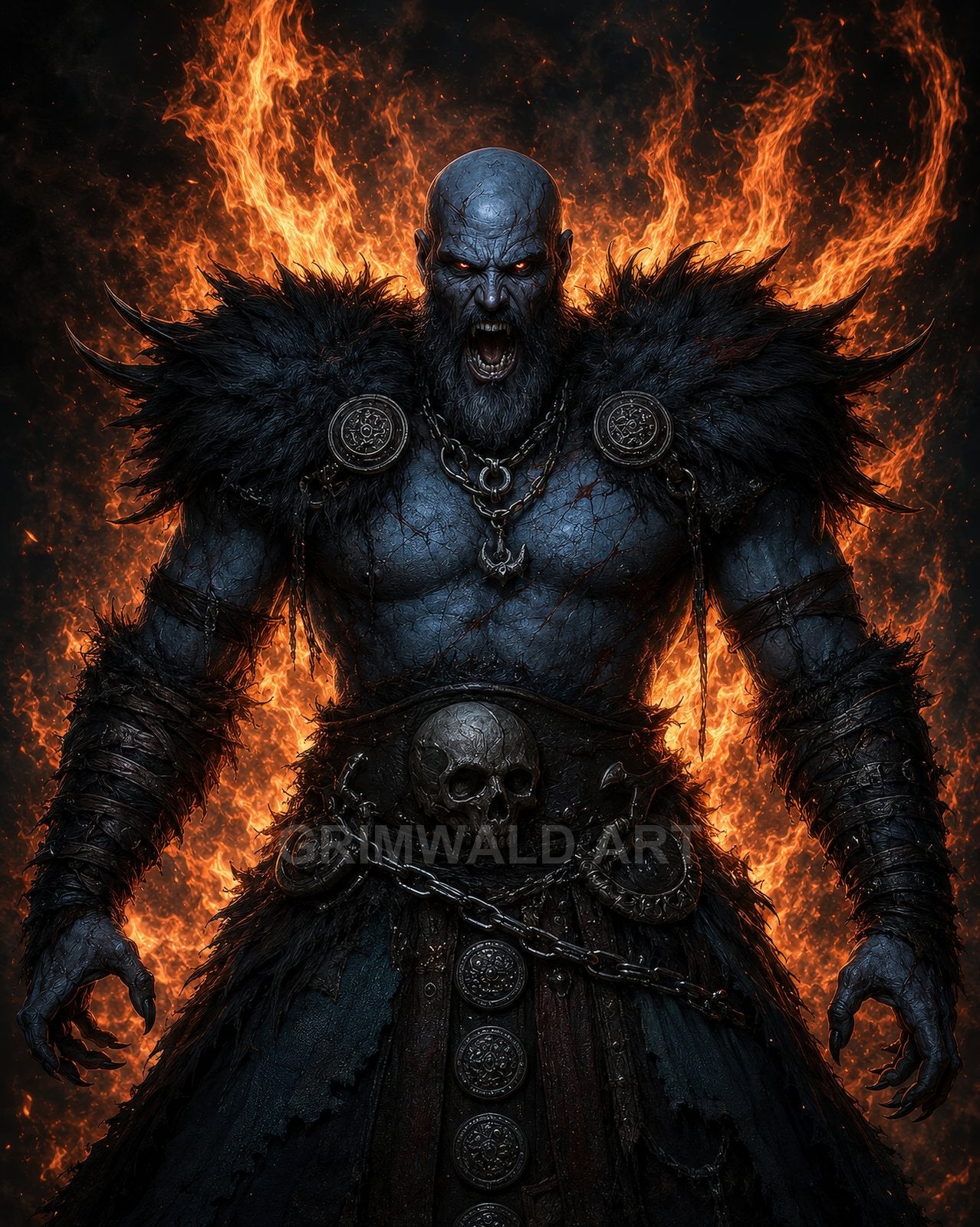 Blue-skinned demonic warlord with glowing eyes roars amid a halo of flames, wearing fur pauldrons, skull belt and chains, against dark background.