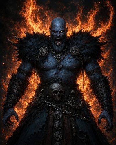 GRID THUMBNAIL — Blue-skinned demonic warlord with glowing eyes roars amid a halo of flames, wearing fur pauldrons, skull belt and chains, against dark background.
