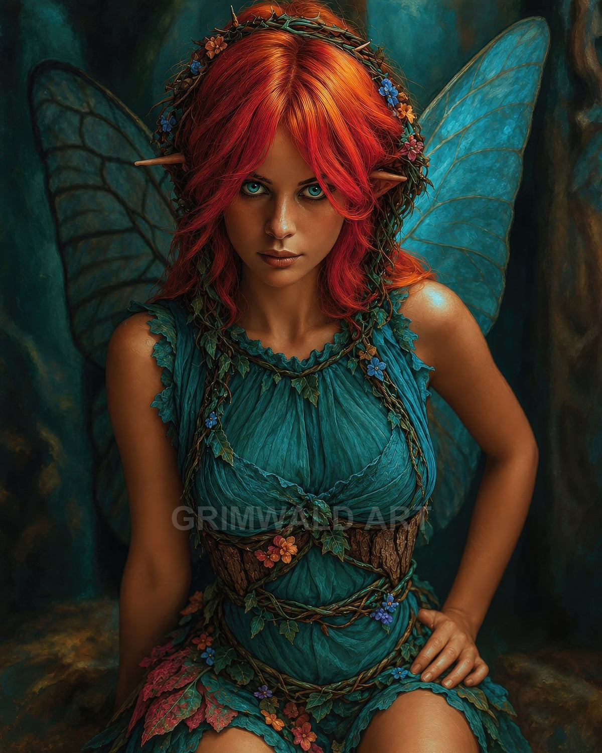 Red-haired fairy with teal butterfly wings sits in a forest, wearing a leaf-woven dress adorned with flowers, gazing intently forward.