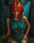 GRID THUMBNAIL — Red-haired fairy with teal butterfly wings sits in a forest, wearing a leaf-woven dress adorned with flowers, gazing intently forward.