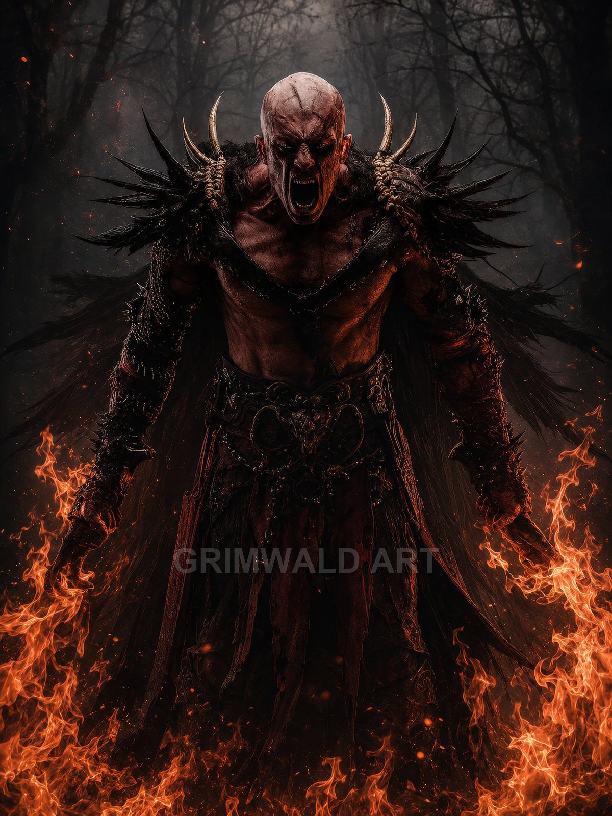 Roaring bald demon in spiked black armour, wreathed in orange flames, stands in a dark forest, fanged mouth open and menacing.