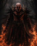 GRID THUMBNAIL — Roaring bald demon in spiked black armour, wreathed in orange flames, stands in a dark forest, fanged mouth open and menacing.