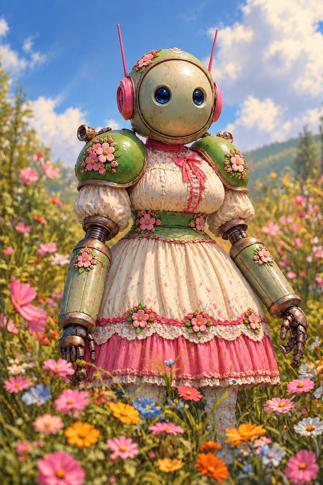A cute retro-styled android in a floral lace dress stands amid colourful wildflowers in a sunny meadow, under bright blue skies.