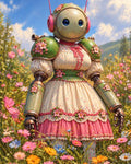 GRID THUMBNAIL — A cute retro-styled android in a floral lace dress stands amid colourful wildflowers in a sunny meadow, under bright blue skies.