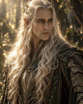 GRID THUMBNAIL — Regal forest elf with long silver-blond hair and pointed ears, wearing ornate leaf-patterned green armour, stands in golden-hour woodland light.