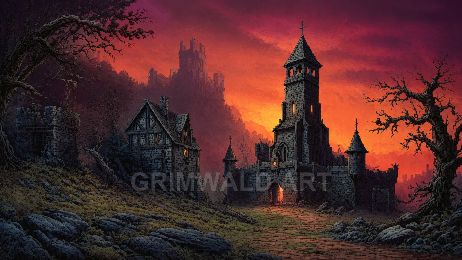Gothic stone castle and abbey glow with warm lights at sunset, flanked by gnarled trees and a rocky path, with a distant fortress silhouetted.
