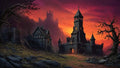 GRID THUMBNAIL — Gothic stone castle and abbey glow with warm lights at sunset, flanked by gnarled trees and a rocky path, with a distant fortress silhouetted.