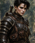 GRID THUMBNAIL — Androgynous human warrior in worn plate and leather armour stands in a forest, short dark hair and freckles, sword hilt over shoulder.