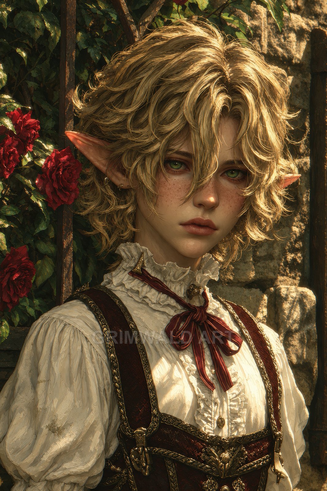 Androgynous elf with curly blond hair and freckles, in a ruffled blouse and red leather harness, beside roses and a stone wall in warm golden light.