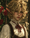 GRID THUMBNAIL — Androgynous elf with curly blond hair and freckles, in a ruffled blouse and red leather harness, beside roses and a stone wall in warm golden light.
