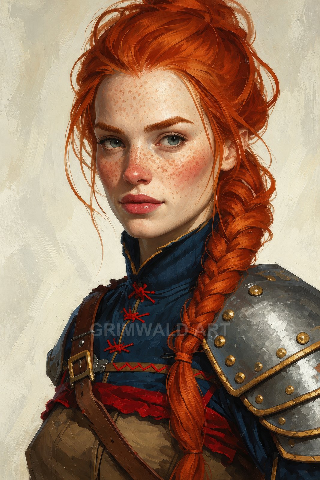 Portrait of a freckled red-haired female warrior in blue quilted armour with leather straps and studded steel pauldron, against a pale textured backdrop.