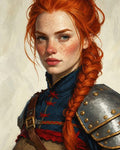 GRID THUMBNAIL — Portrait of a freckled red-haired female warrior in blue quilted armour with leather straps and studded steel pauldron, against a pale textured backdrop.