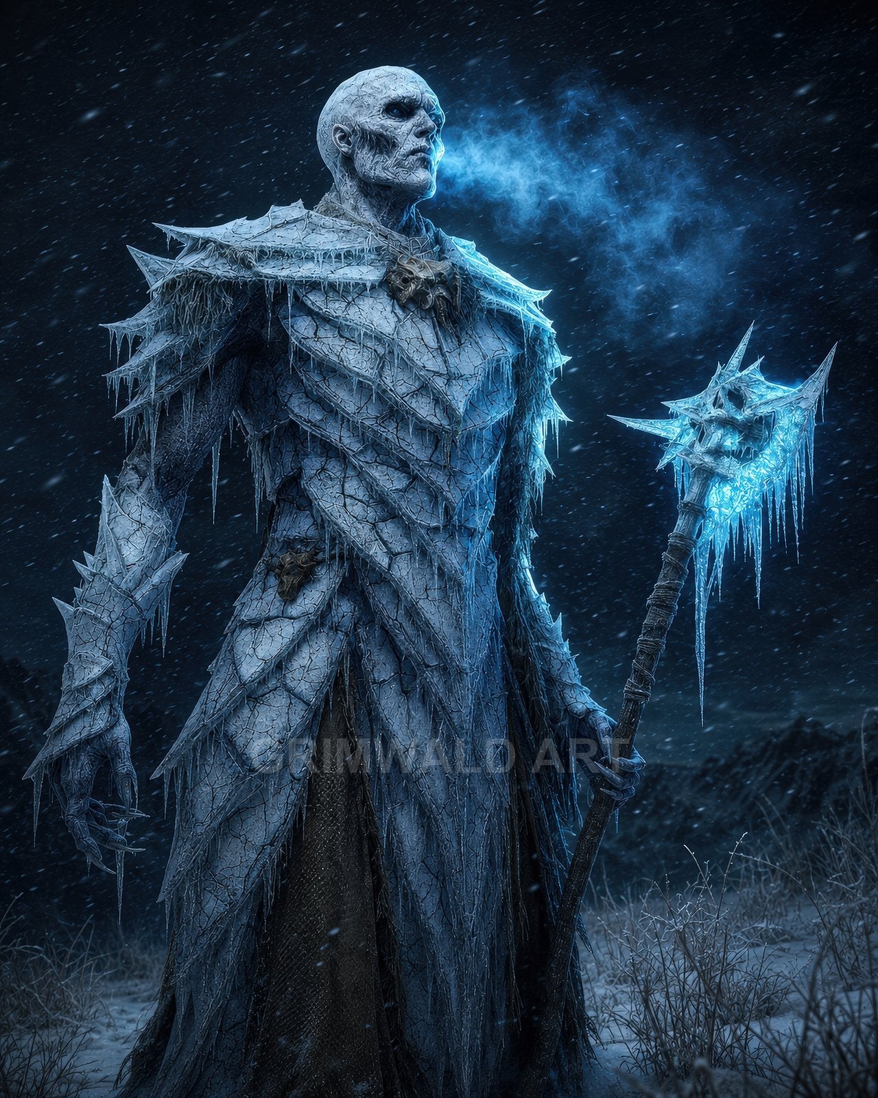 Armoured undead figure in rime-crusted plates exhales icy breath, clutching a glowing skull-topped staff during a nocturnal snowstorm over frozen scrubland.