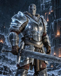 GRID THUMBNAIL — Armoured undead knight with glowing blue eyes grips an ice-encrusted sword before a torchlit frozen castle as heavy snow falls at night.