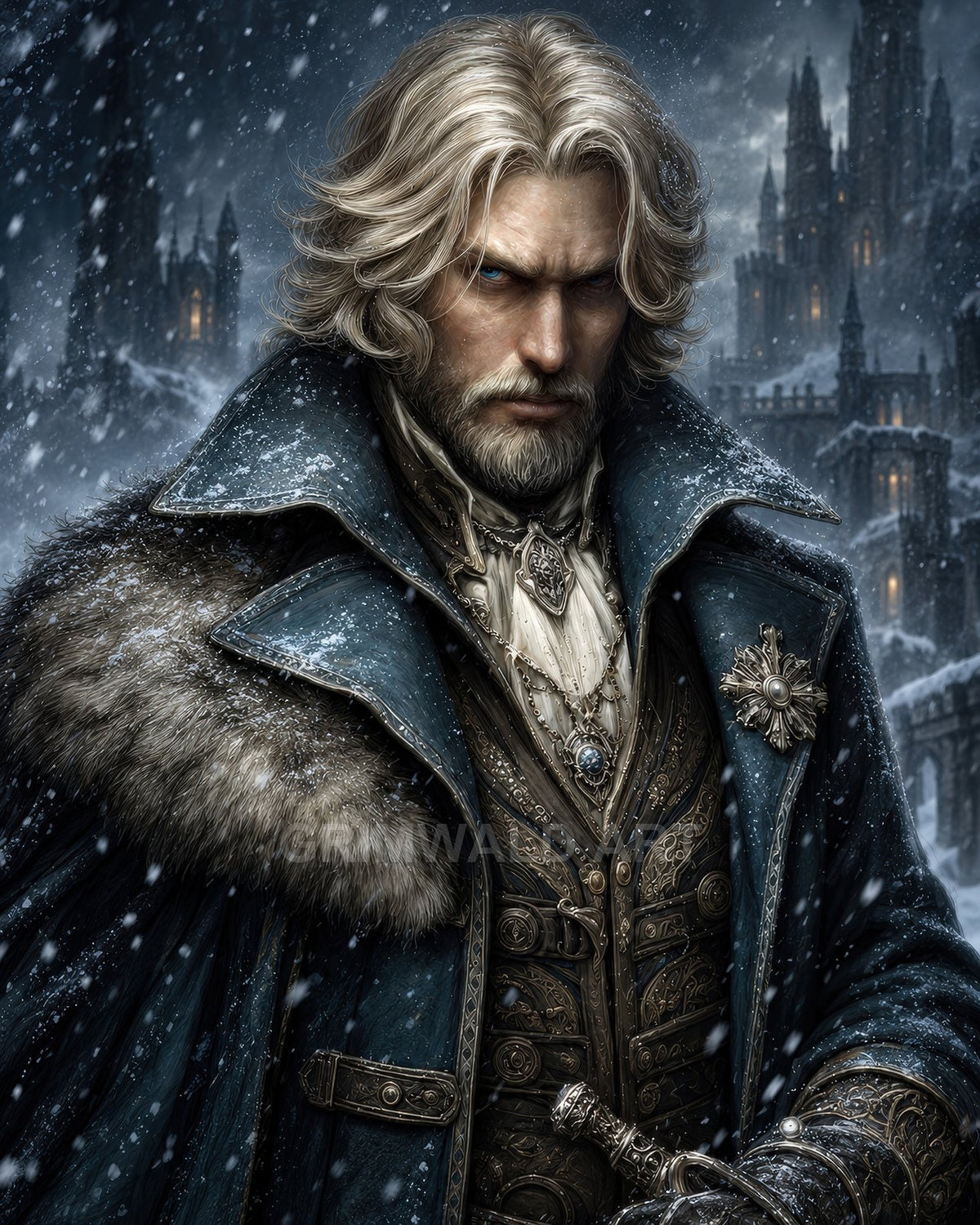 Silver-haired nobleman in a fur-collared blue cloak grips a decorated sword hilt before a moonlit, snow-swept gothic castle, snowflakes drifting around.