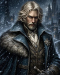 GRID THUMBNAIL — Silver-haired nobleman in a fur-collared blue cloak grips a decorated sword hilt before a moonlit, snow-swept gothic castle, snowflakes drifting around.