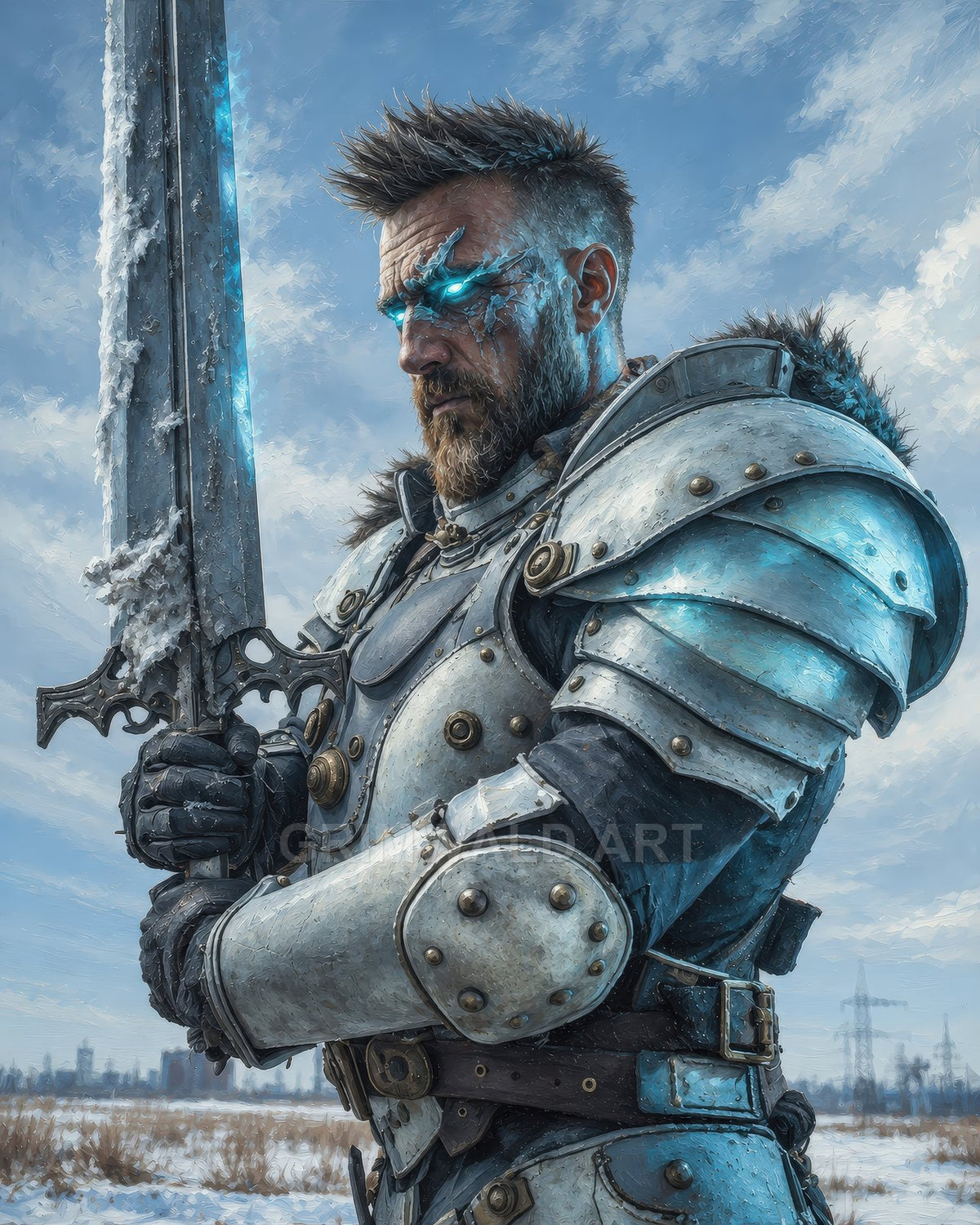 A bearded male knight in heavy plate armour grips a frost-encrusted greatsword, blue runes and eyes glowing, standing in a snowy field under daylight.