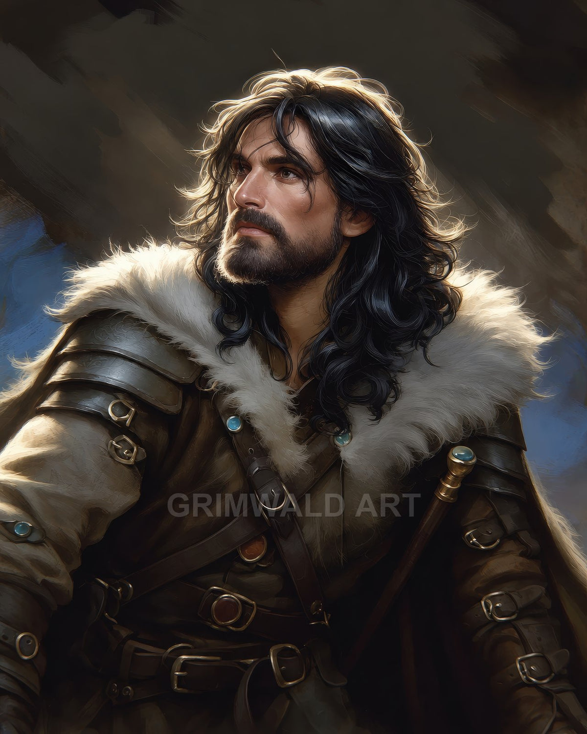 Portrait of a rugged male adventurer in leather armour and fur-trimmed cloak, long dark hair, bearded, dramatic warm light, sword hilt visible against muted background.
