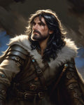 GRID THUMBNAIL — Portrait of a rugged male adventurer in leather armour and fur-trimmed cloak, long dark hair, bearded, dramatic warm light, sword hilt visible against muted background.