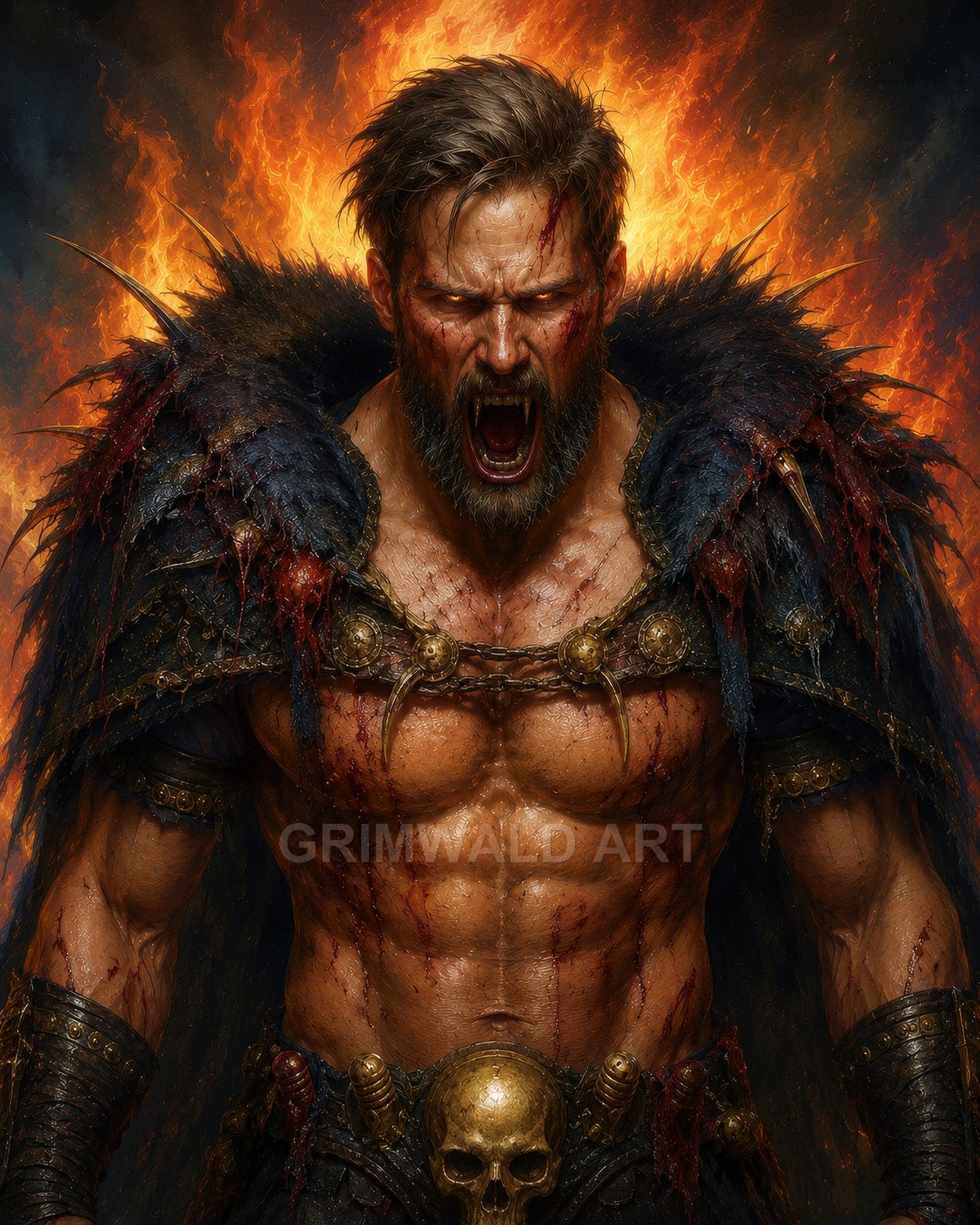 Muscular, blood-streaked barbarian warrior roaring against a wall of flames, wearing furred, spiked armour and skull belt, depicted in dark, firelit fantasy style.