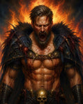 GRID THUMBNAIL — Muscular, blood-streaked barbarian warrior roaring against a wall of flames, wearing furred, spiked armour and skull belt, depicted in dark, firelit fantasy style.