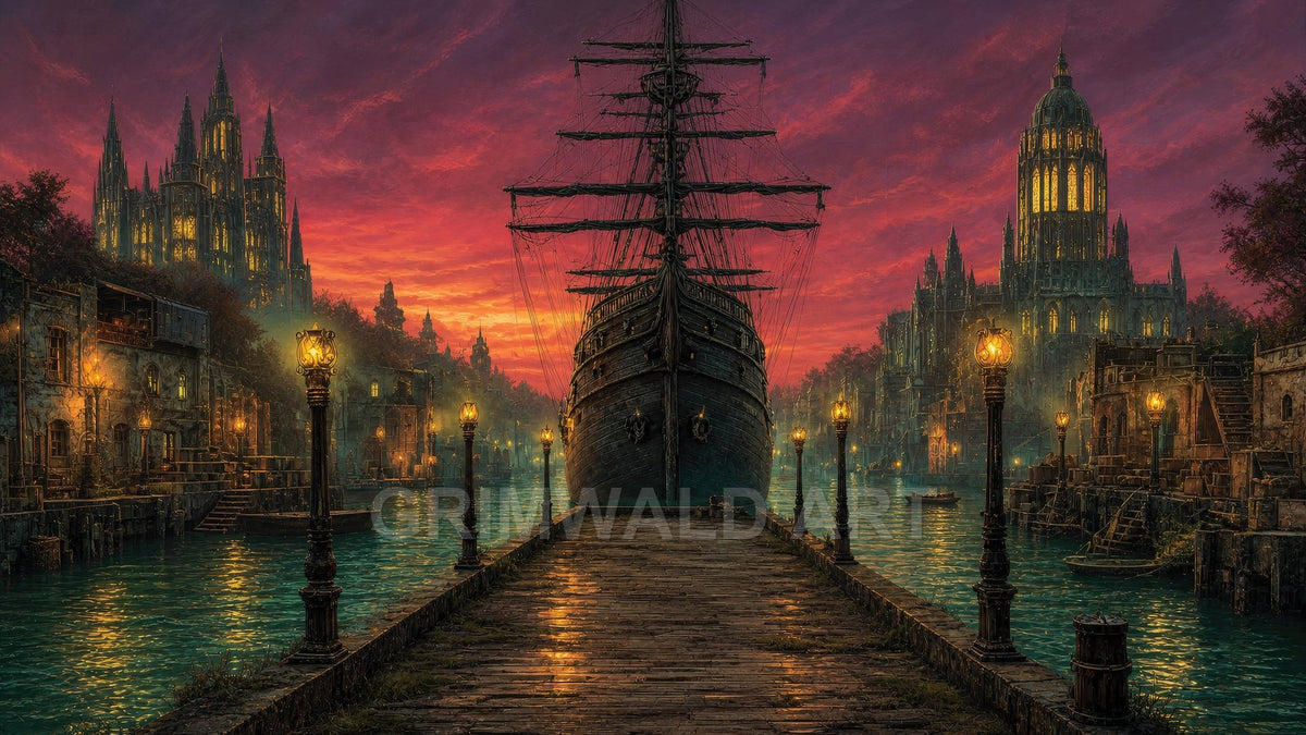 A black galleon moored at a lamplit pier between gothic cathedrals, glowing windows and teal canal waters under a vivid purple sunset sky.