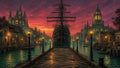 GRID THUMBNAIL — A black galleon moored at a lamplit pier between gothic cathedrals, glowing windows and teal canal waters under a vivid purple sunset sky.