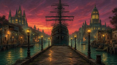GRID THUMBNAIL — A black galleon moored at a lamplit pier between gothic cathedrals, glowing windows and teal canal waters under a vivid purple sunset sky.