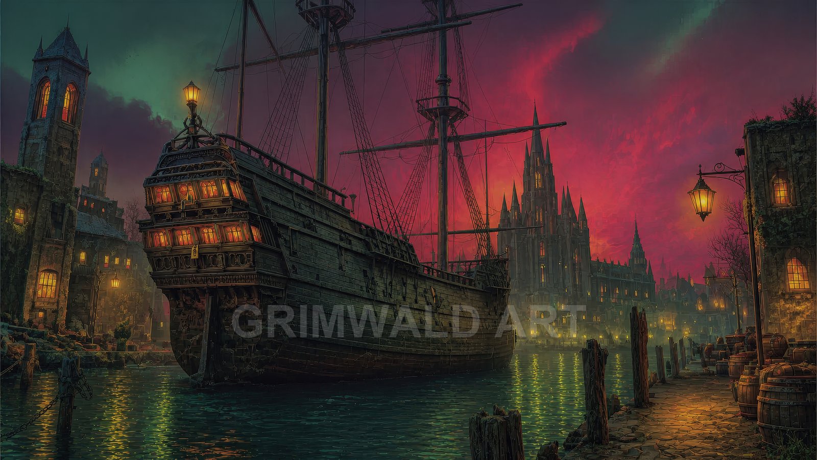 A large wooden galleon moored at a lantern-lit harbour beside gothic spires and stone buildings under a vivid pink twilight sky.