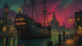 GRID THUMBNAIL — A large wooden galleon moored at a lantern-lit harbour beside gothic spires and stone buildings under a vivid pink twilight sky.
