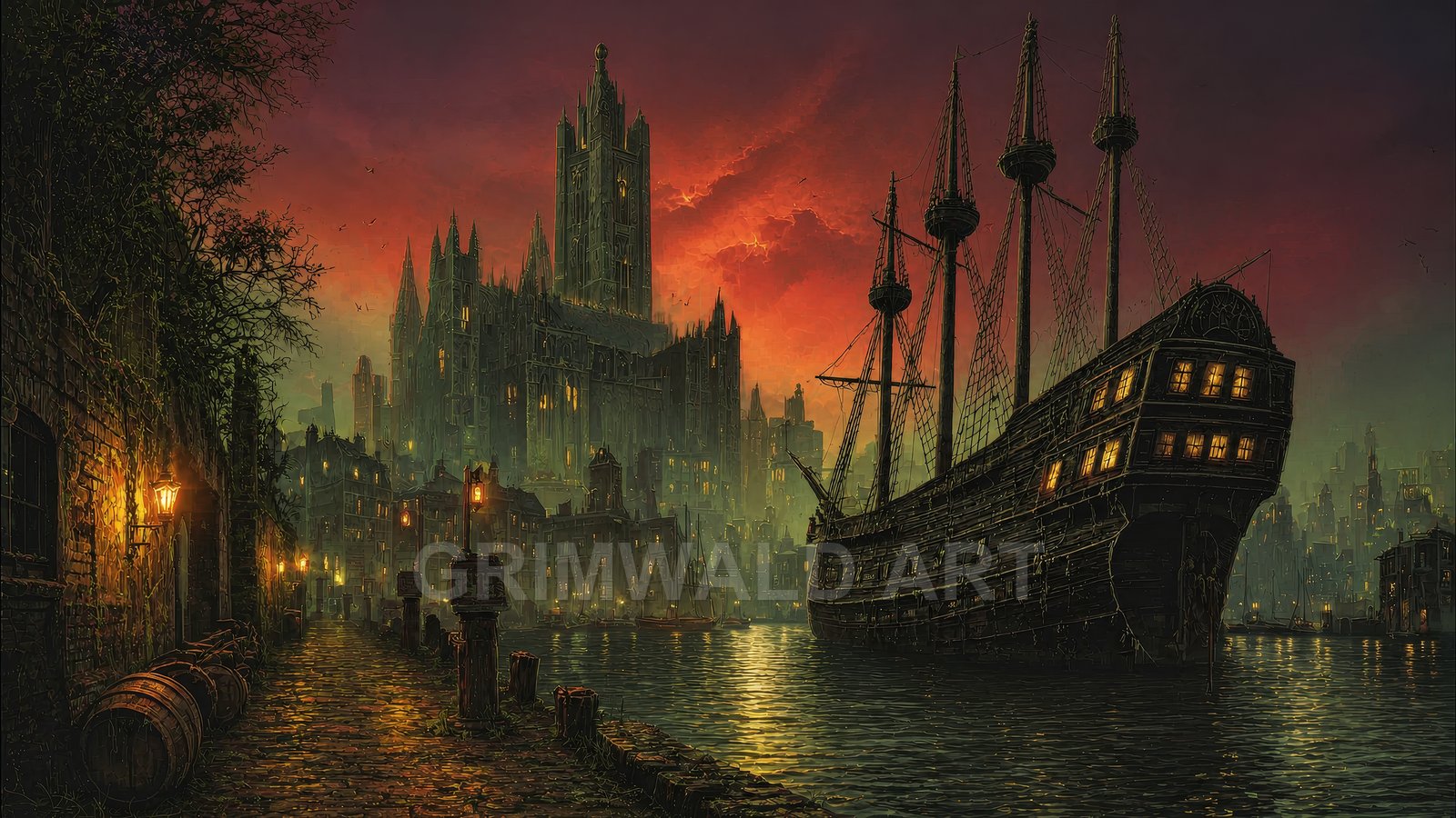 A towering gothic city rises behind a moored galleon at sunset, lamplit cobblestone quay and misted water glowing beneath a fiery sky.