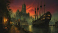 GRID THUMBNAIL — A towering gothic city rises behind a moored galleon at sunset, lamplit cobblestone quay and misted water glowing beneath a fiery sky.