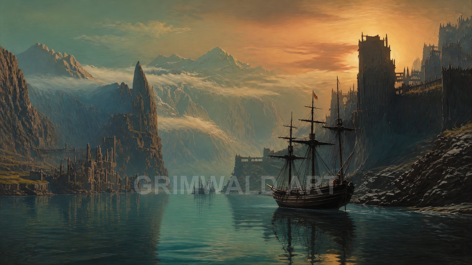 Tall galleons sail a calm fjord past cliffside castles and ruins, snow-capped mountains and mist, under a glowing sunset sky reflected in teal water.