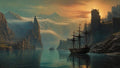 GRID THUMBNAIL — Tall galleons sail a calm fjord past cliffside castles and ruins, snow-capped mountains and mist, under a glowing sunset sky reflected in teal water.