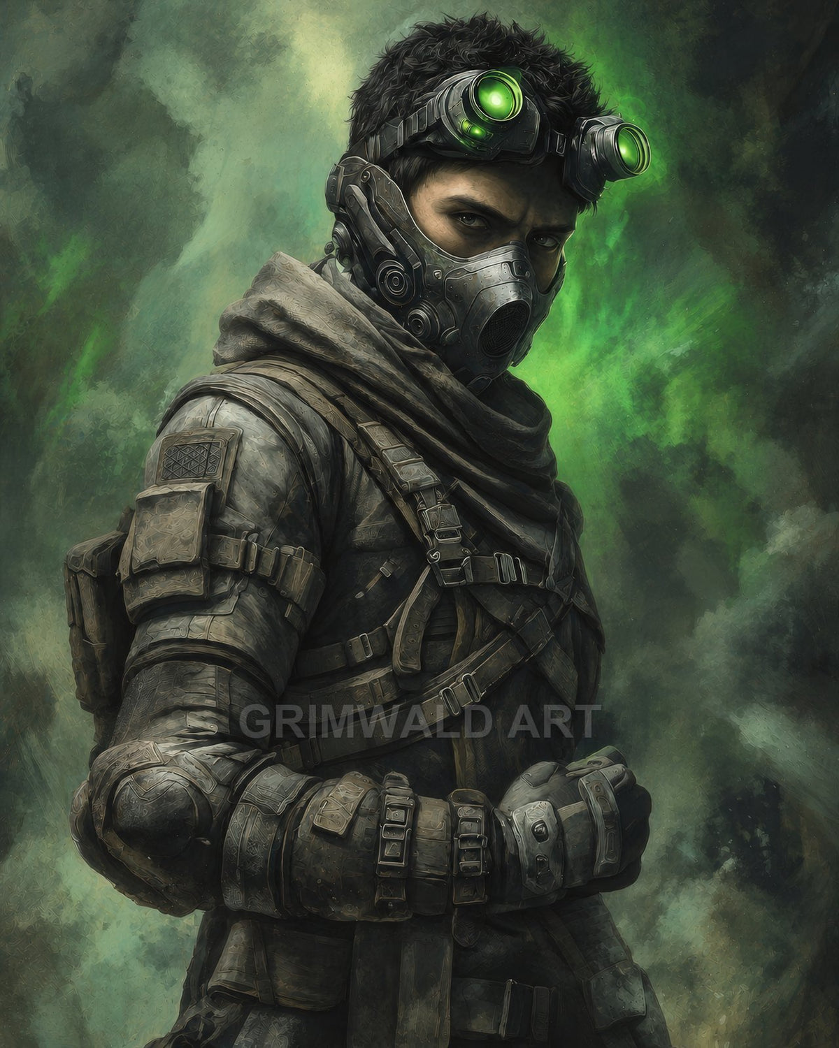 Armoured human figure wearing a respirator and glowing green night-vision goggles, posed against swirling toxic-green mist in gritty sci-fi portrait.