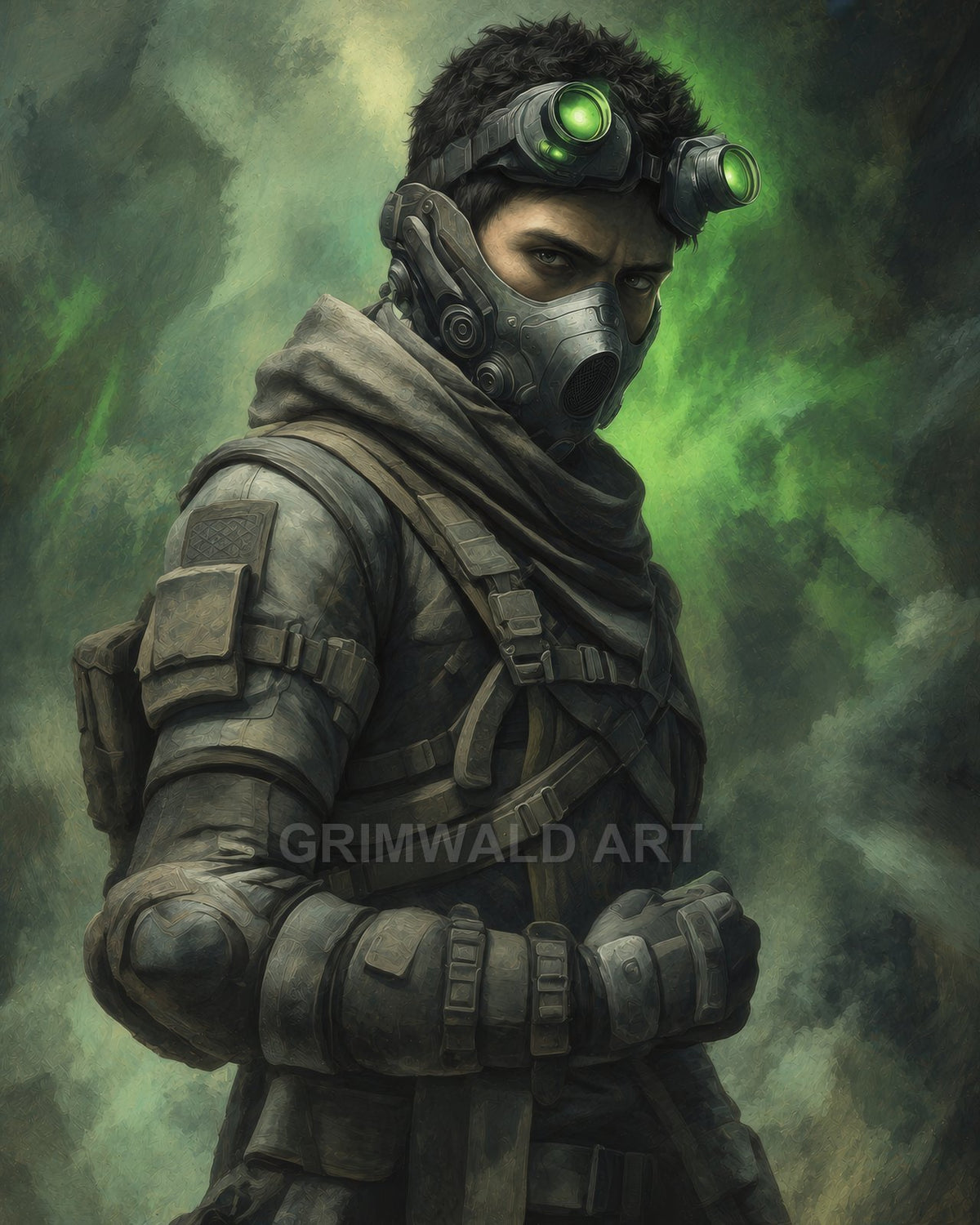 Armoured male human scout wearing a gas mask and glowing green night-vision goggles, posed in profile against a swirling green smoky backdrop.