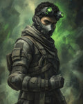 GRID THUMBNAIL — Armoured male human scout wearing a gas mask and glowing green night-vision goggles, posed in profile against a swirling green smoky backdrop.